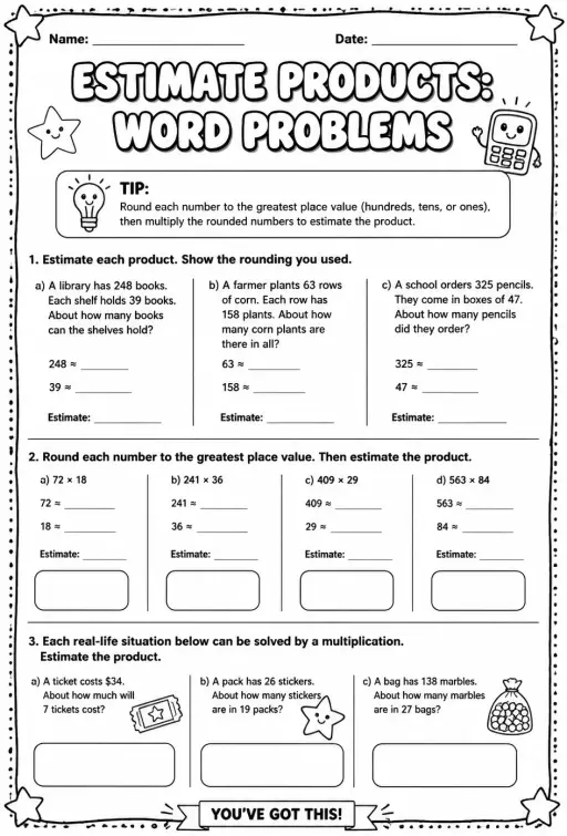 Estimate products: word problems
