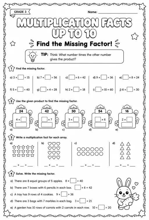 Multiplication facts up to 10: find the missing factor