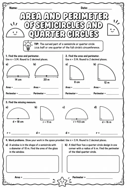 Area and perimeter of semicircles and quarter circles
