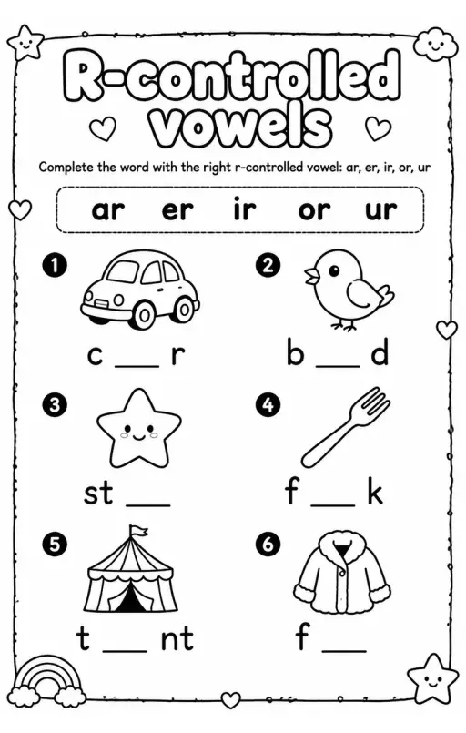 Complete the word with the right r-controlled vowel: ar, er, ir, or, ur
