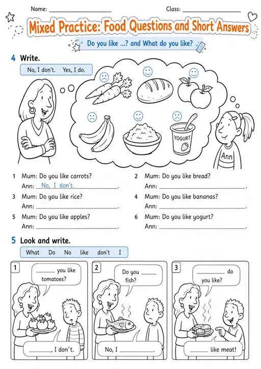 Food Questions and Short Answers | Grade 1 Grammar Review Worksheet