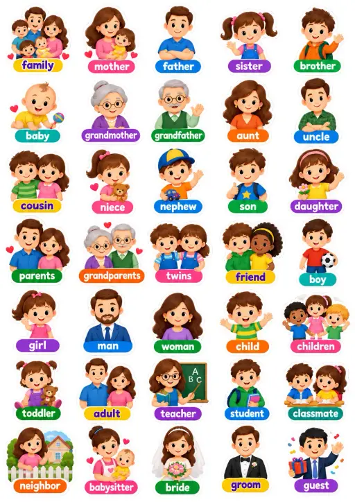 Family And People Roles English Vocabulary Stickers