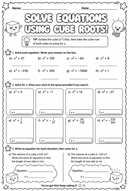 Solve equations using cube roots