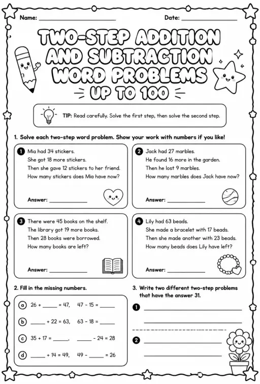 Two-step addition and subtraction word problems - up to 100