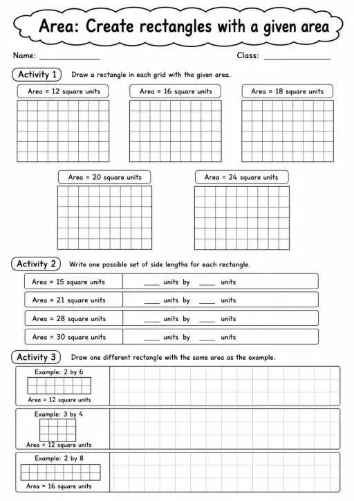 Grade 4 Area Math Worksheet Pack