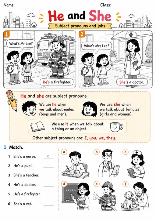 He and She Subject Pronouns with Jobs | Grade 1 Grammar Worksheet