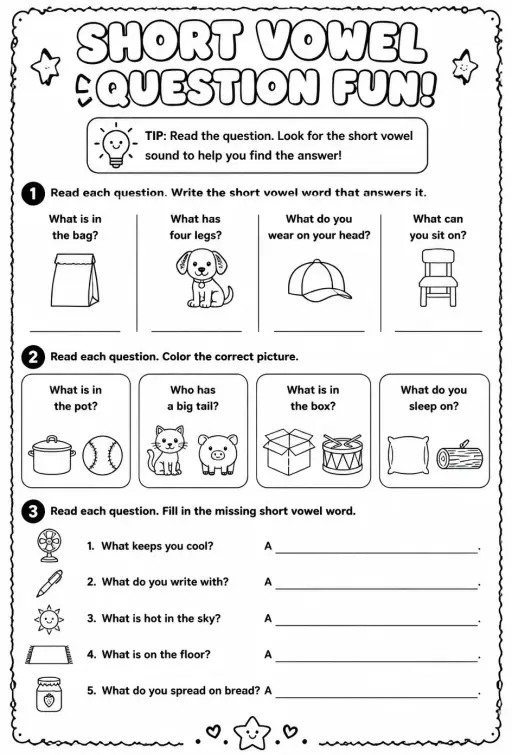 Read questions with short vowel words