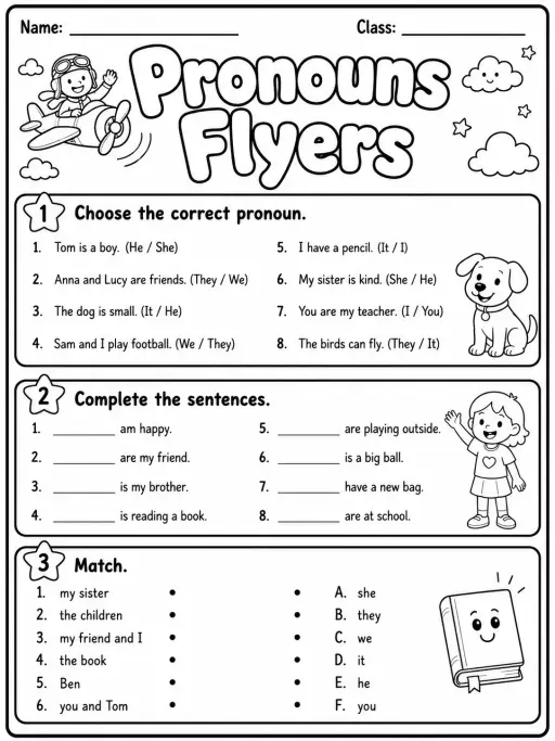 Pronouns Flyers Vocabulary Worksheet Pack