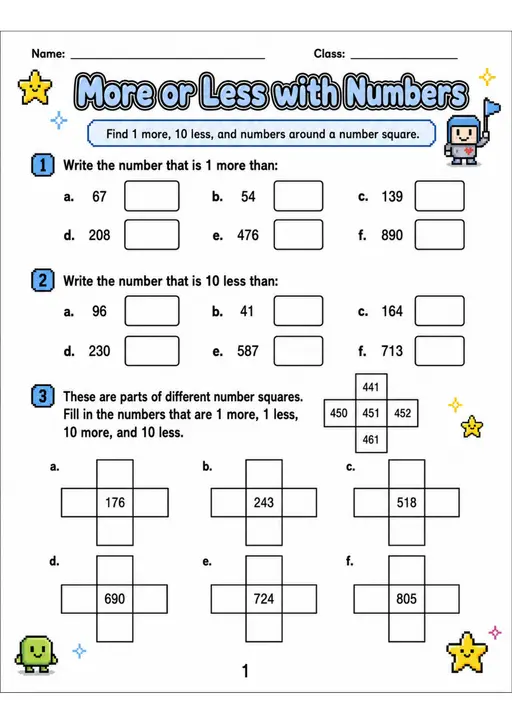 More or Less with Numbers - Grade 3 Math Worksheet - grade 3 Reading, explanation, and short-response questions