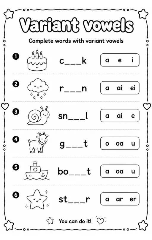 Complete words with variant vowels