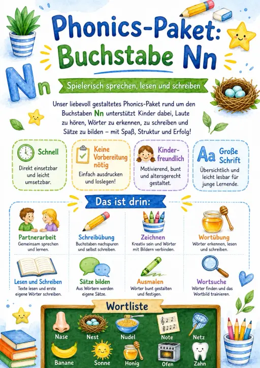 German Letter N Phonics Worksheets Pack