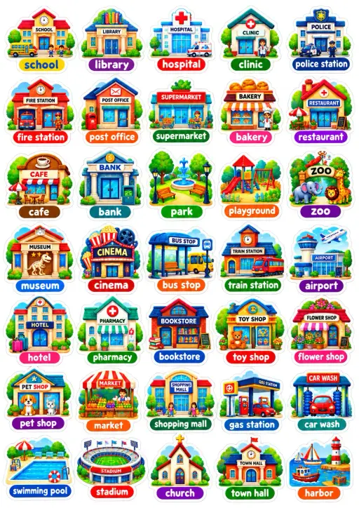 Community Buildings English Vocabulary Stickers