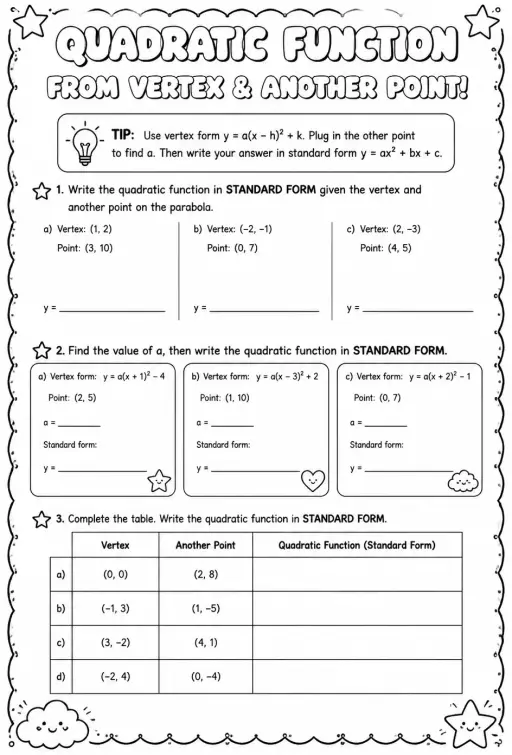 Write a quadratic function in standard form from its vertex and another point