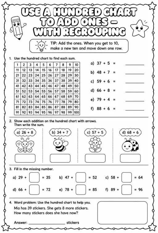 Use a hundred chart to add ones - with regrouping