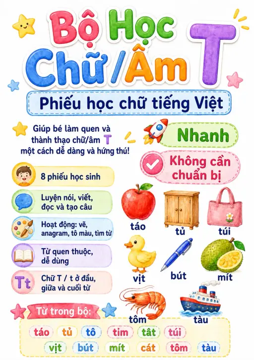 Vietnamese Letter T Phonics Worksheets Pack preview