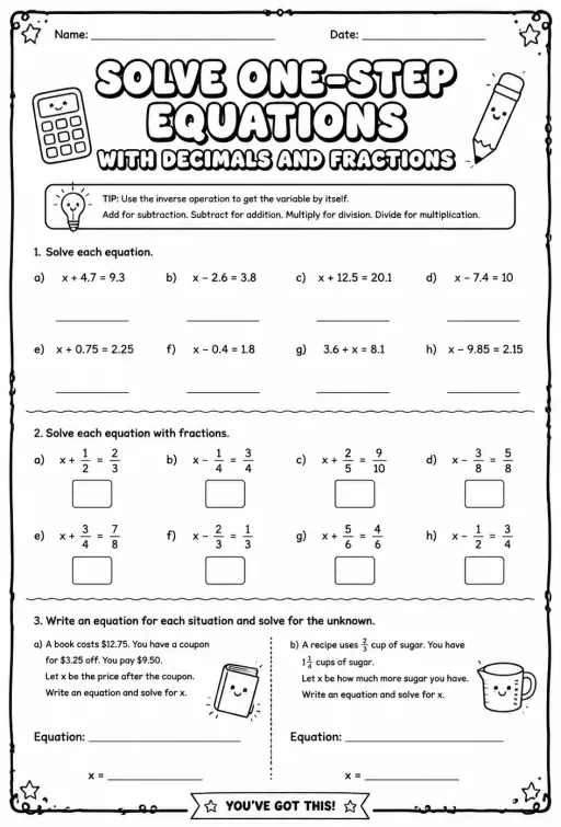 Solve one-step equations with decimals and fractions