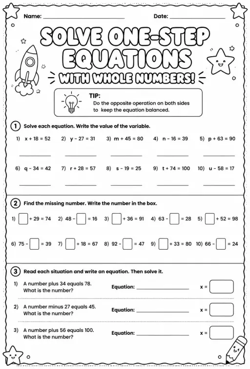 Solve one-step equations with whole numbers