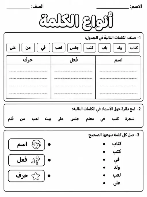 أنواع الكلمة - حزمة أوراق عمل اللغة العربية
