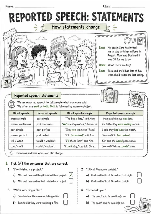 Reported Speech: Statements | Grades 5-6 Grammar Worksheet