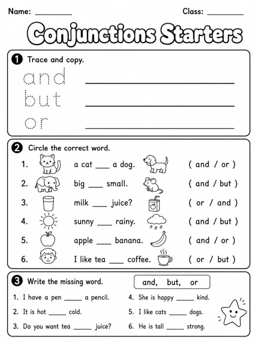 Conjunctions Starters Vocabulary Worksheet Pack