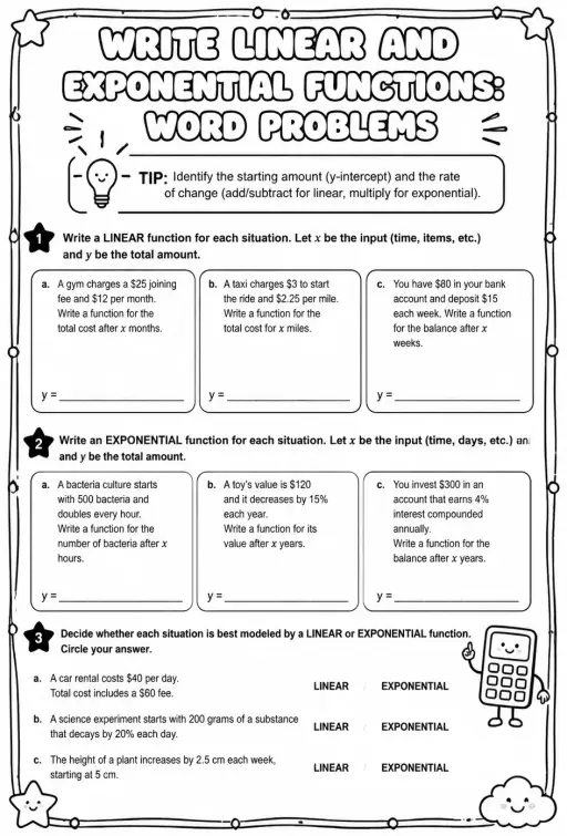 Write linear and exponential functions: word problems
