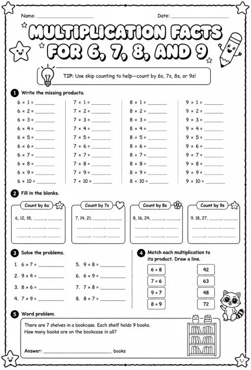 Multiplication facts for 6, 7, 8, and 9