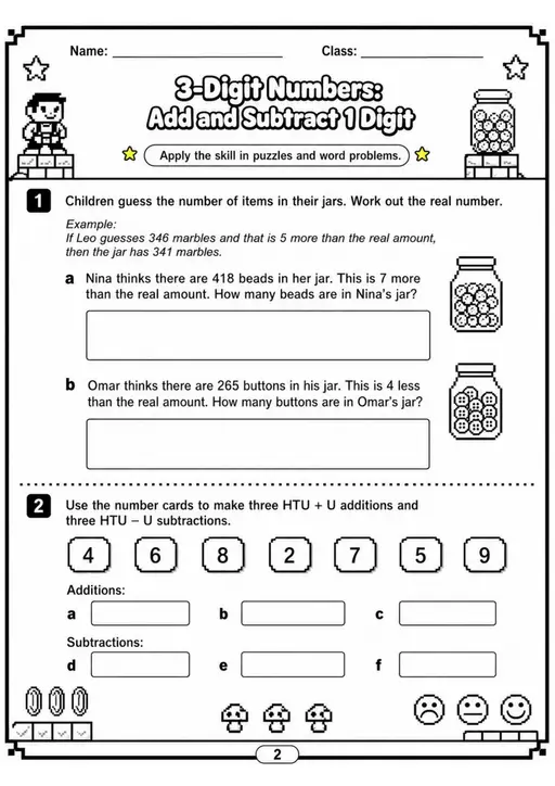 3-Digit Numbers: Add and Subtract 1 Digit - Grade 3 Math Worksheet - grade 3 Printable independent practice