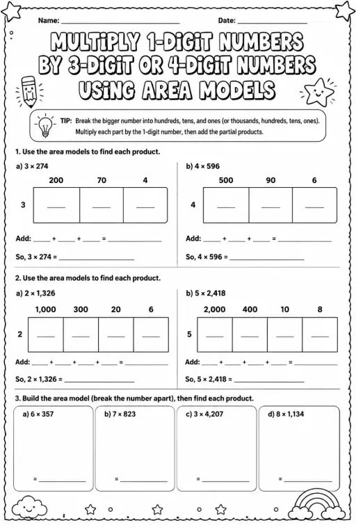 Multiply 1-digit numbers by 3-digit or 4-digit numbers using area models