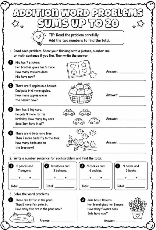 Addition word problems - sums up to 20