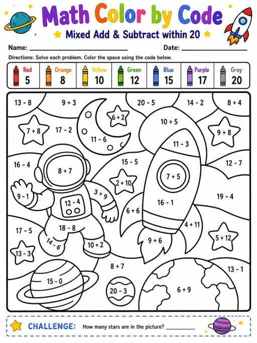 Math Color by Code: ★ Mixed Add & Subtract within 20 ★