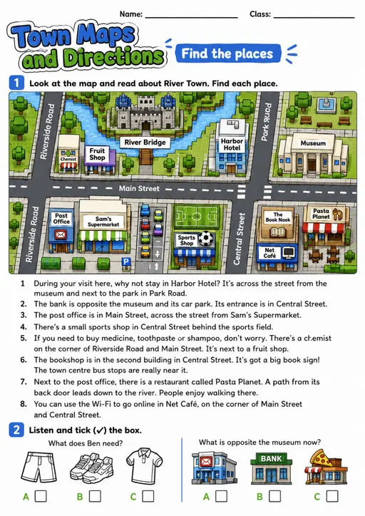 Cambridge Flyers - Town Maps and Directions | Free Worksheet