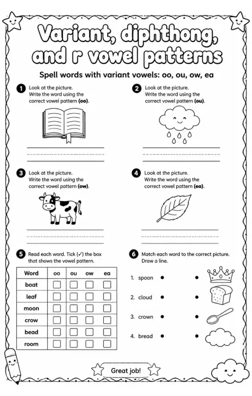 Spell words with variant vowels: oo, ou, ow, ea