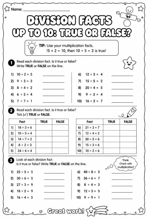 Division facts up to 10: true or false?