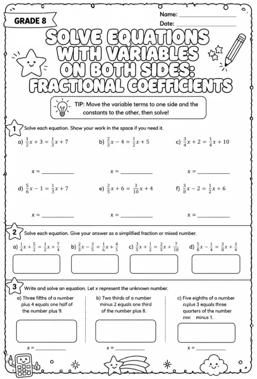 Solve equations with variables on both sides: fractional coefficients