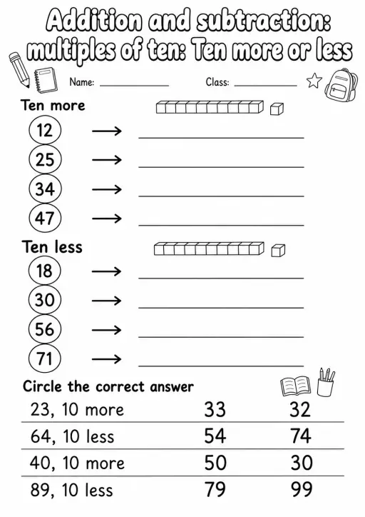 Grade 1 Addition And Subtraction: Multiples Of Ten Math Worksheet Pack