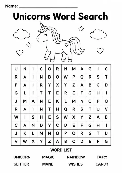 Unicorns Word Search — Kindergarten
