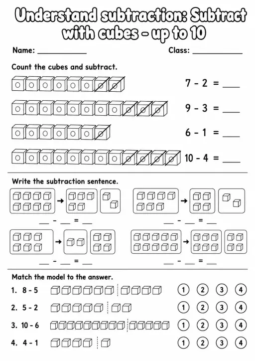 Grade 1 Understand Subtraction Math Worksheet Pack
