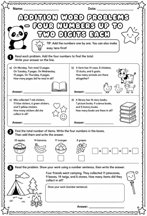 Addition word problems - four numbers up to two digits each