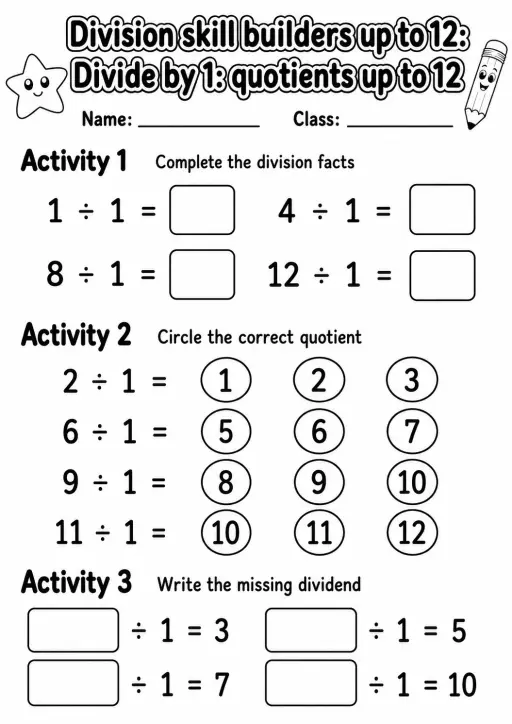 Grade 3 Division Skill Builders Up To 12 Math Worksheet Pack