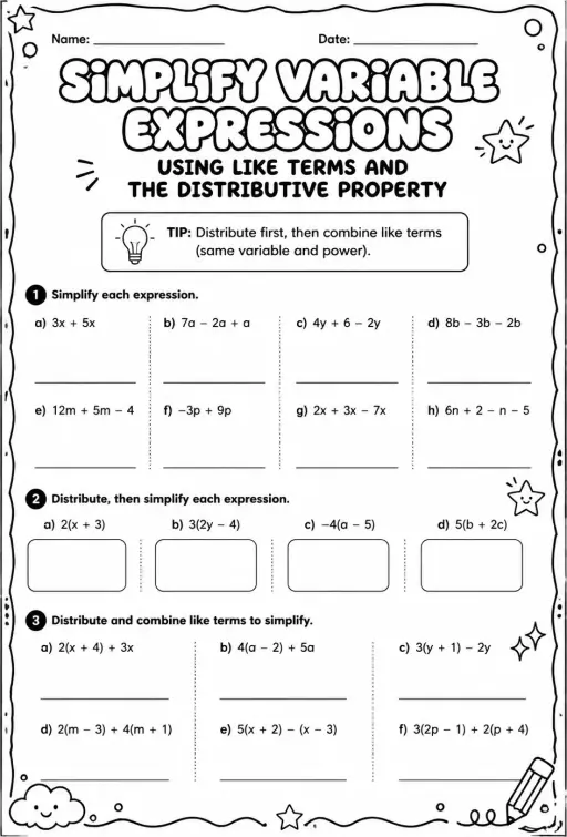 Simplify variable expressions involving like terms and the distributive property