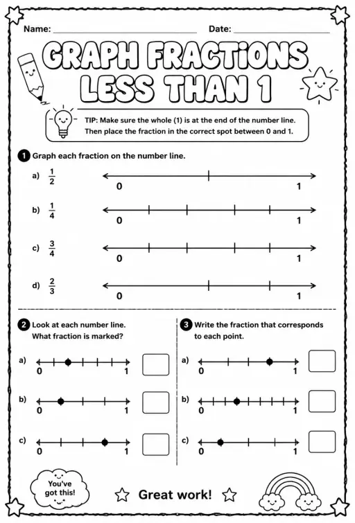 Graph fractions less than 1 on number lines