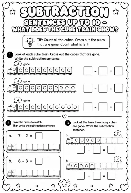 Subtraction sentences up to 10 - what does the cube train show?