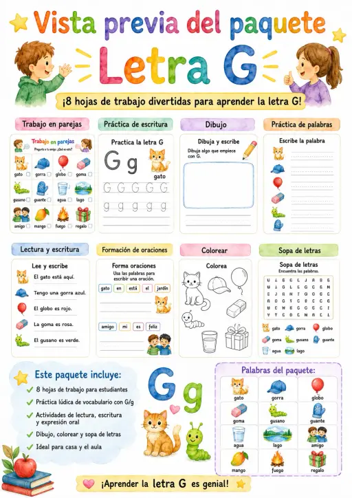 Spanish Letter G Phonics Worksheets Pack