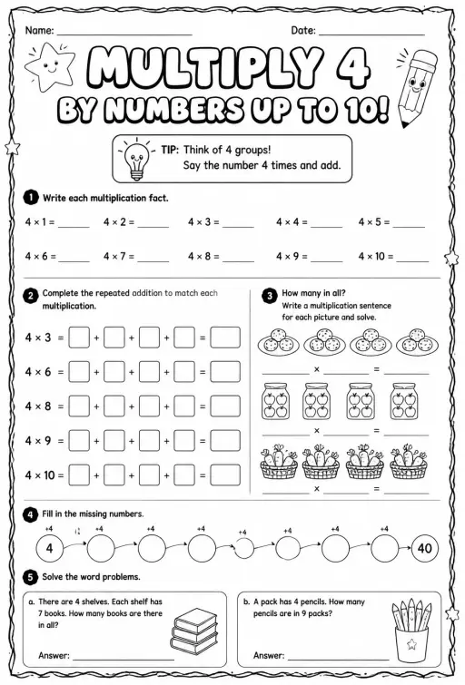 Multiply 4 by numbers up to 10