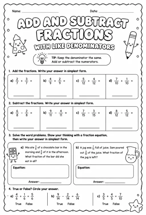 Add and subtract fractions with like denominators