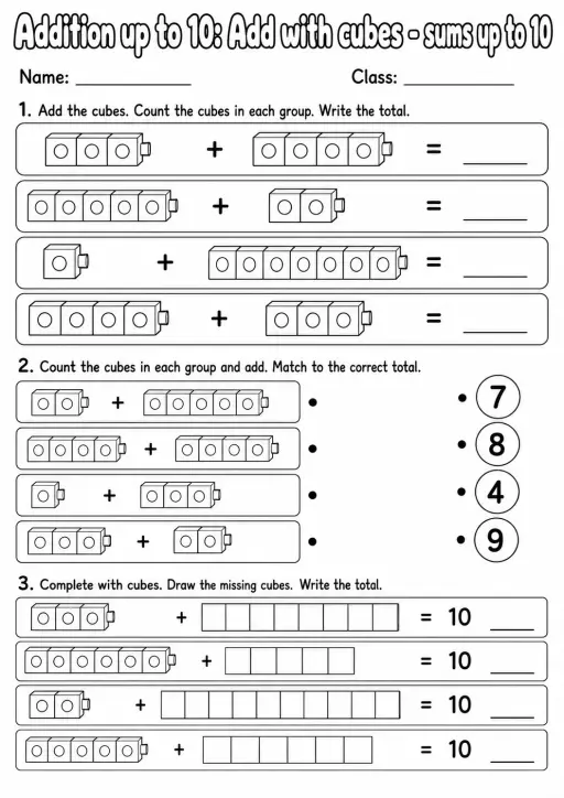 Kindergarten Addition Up To 10 Math Worksheet Pack