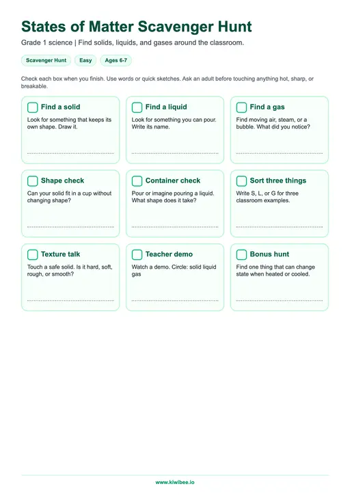 States of Matter Scavenger Hunt — Grade 1 | Free Classroom Game