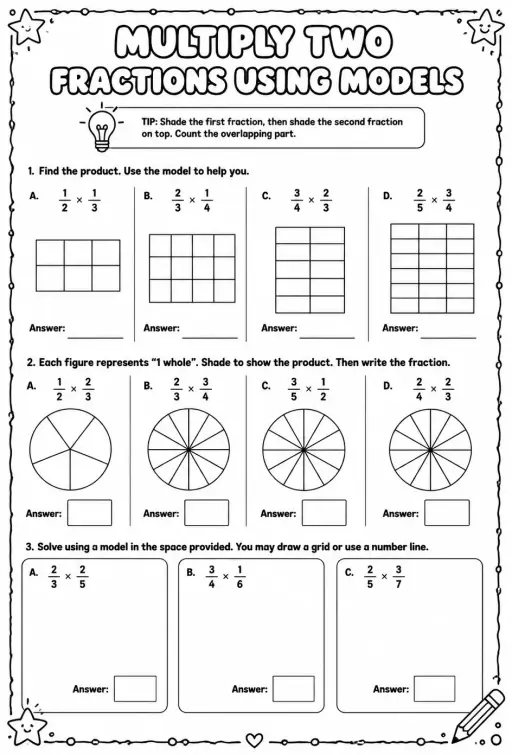 Multiply two fractions using models