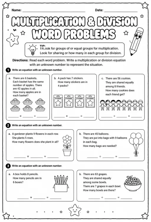 Write equations with unknown numbers to represent word problems: multiplication and division only