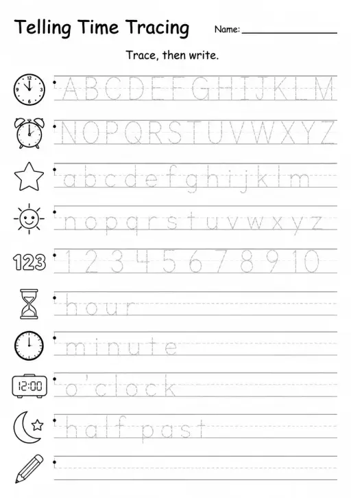 Telling Time Tracing — Kindergarten
